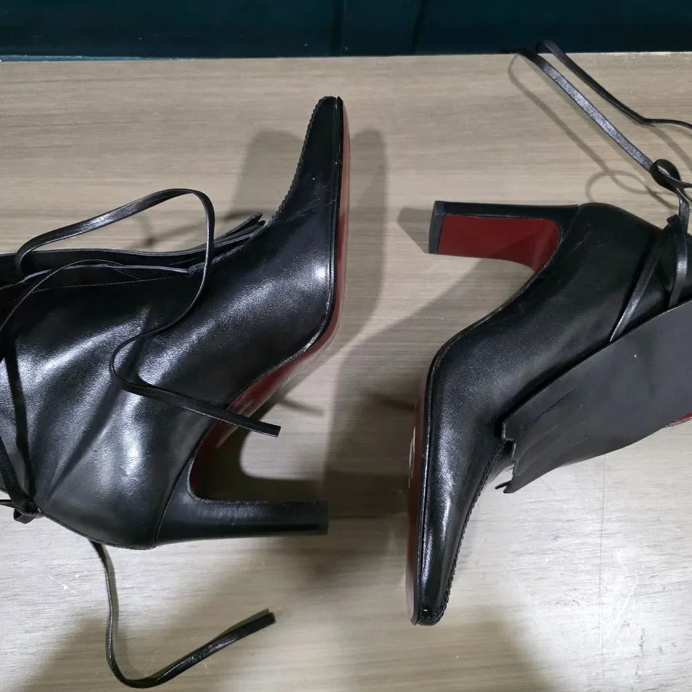 Black Leather Fringe Pilgrim Edwardian Blade Heel Ankle Bootie Sz 7B Made Italy